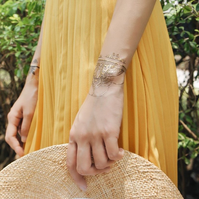 印度漢娜彩繪(金)-2入紋身貼紙 原創手繪設計 | 萬聖節 | 派對裝 - 纹身贴 - 纸 金色