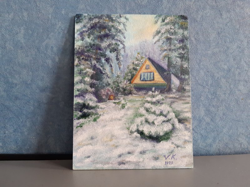 Oil painting on fiberboard, house in a forest in Georgia, winter landsc - 其他 - 其他材质 透明