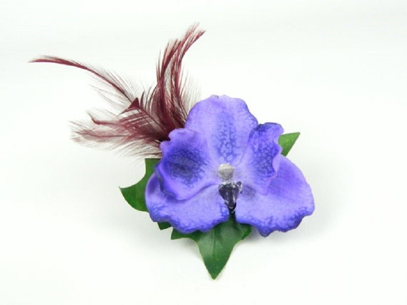 Headpiece Hair Clip Purple Blue Orchid Silk Flower with Burgundy Feathers - 发饰 - 其他材质 紫色