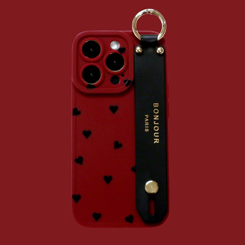 iPhone15/14/13/12 LOVE系列-勃根地酒红小爱心手带手机壳 - 手机壳/手机套 - 塑料 红色