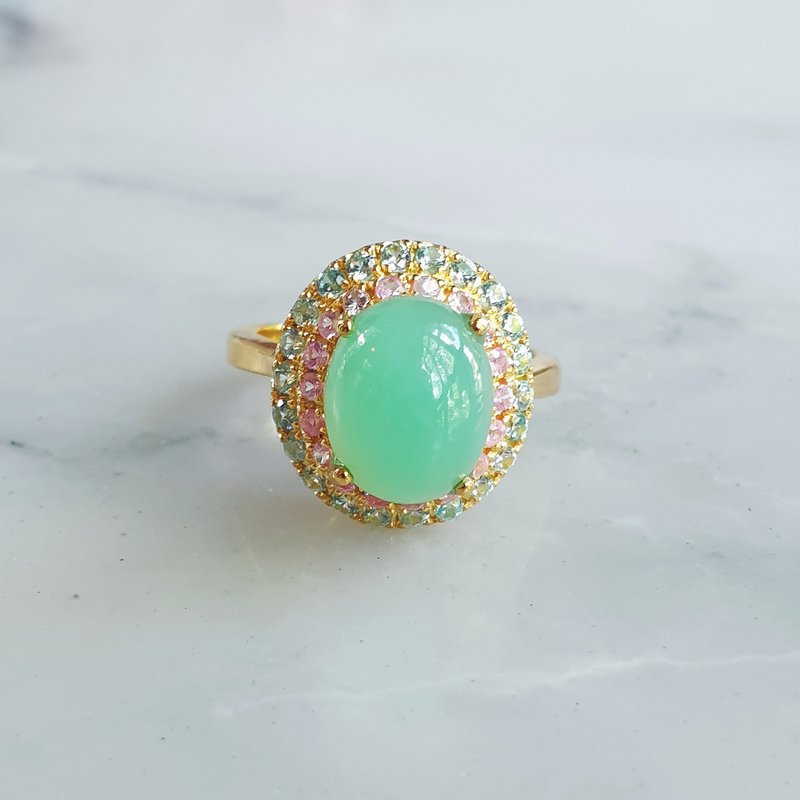 Chrysoprase ring set with Blue topaz and Pink Tourmaline in 925 Silver . - 戒指 - 宝石 多色