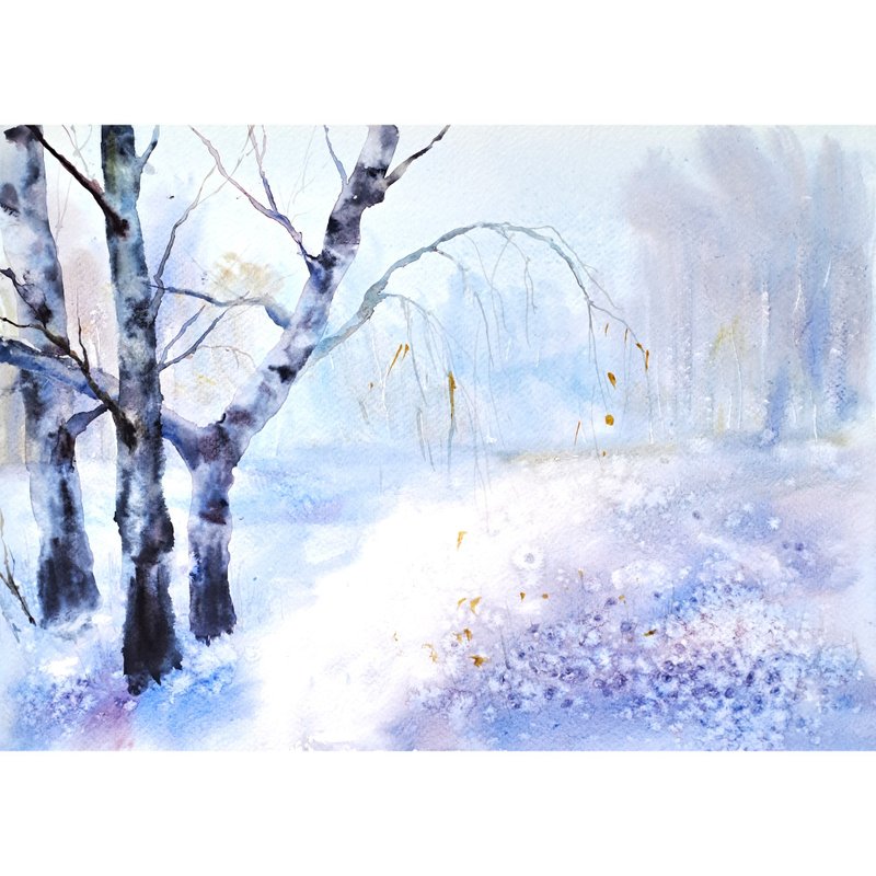 Birch Tree Painting Snow Trees Watercolor Original Art Aspen Landscape Artwork - 海报/装饰画/版画 - 纸 多色