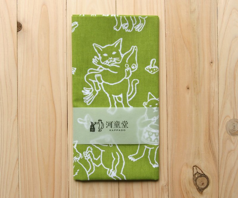 猫とカエルの手ぬぐい　萌黄 - 丝巾 - 棉．麻 绿色