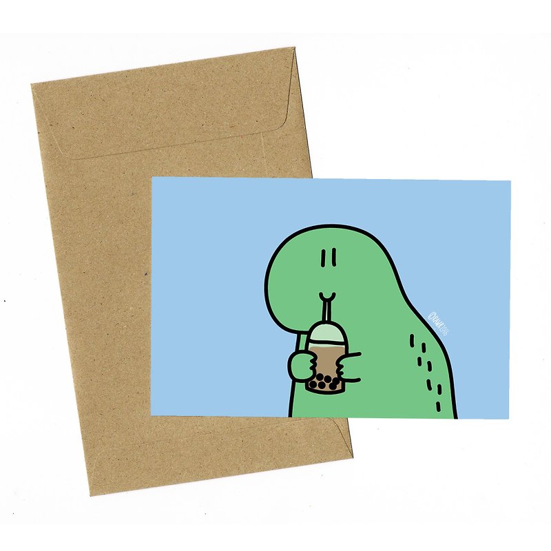 Dinosaur Bubble Milk Tea Card with envelope - 卡片/明信片 - 纸 蓝色