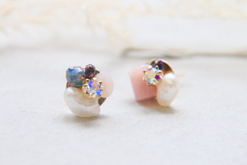蛋白石 天然石 珍珠 耳环 1014笑脸 - 耳环/耳夹 - 宝石 粉红色
