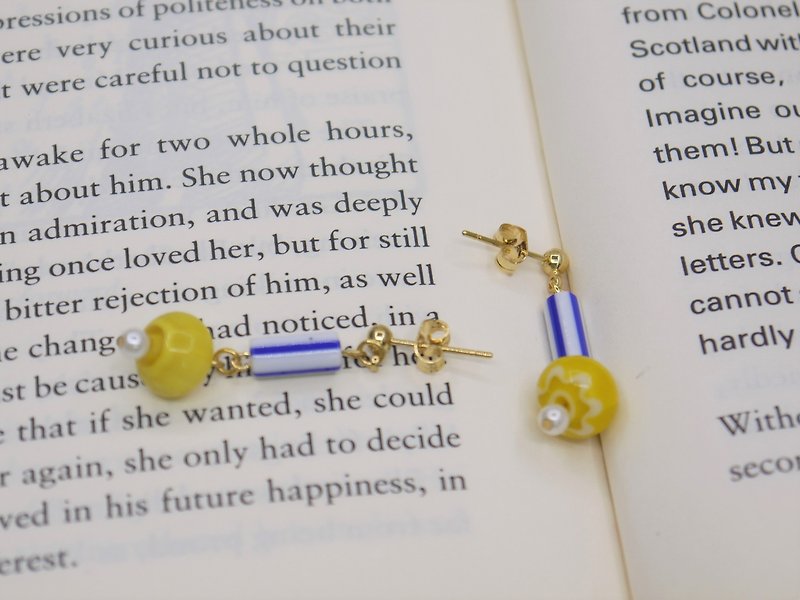 黄蓝条纹 手工琉璃 黄花  可换耳夹 特别推荐款 - 耳环/耳夹 - 宝石 黄色