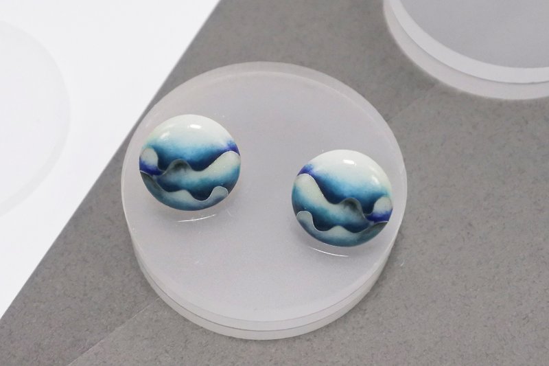 微浪纹理  - 珐琅耳环 圆形蓝 - 耳环/耳夹 - 珐琅 蓝色