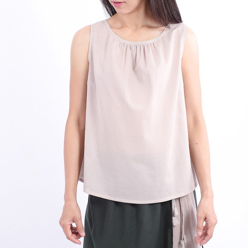 Cotton Sleeveless Blouse, Beige - 女装背心 - 棉．麻 咖啡色
