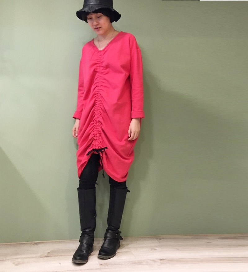【dress】前后抽绳洋装_桃红 - 洋装/连衣裙 - 棉．麻 红色