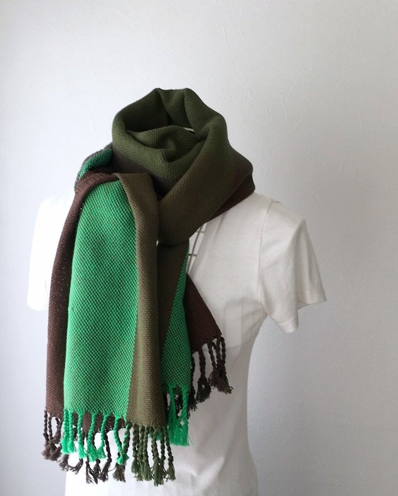 【綿：オールシーズン】手織りストール "Green Stripe" - 丝巾 - 棉．麻 绿色