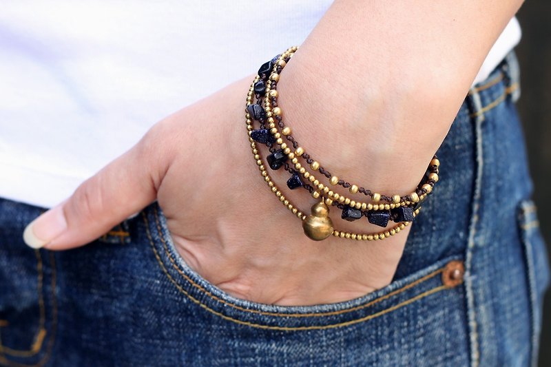 玛瑙石珠手镯浪漫层黄铜串珠层 - 手链/手环 - 石头 黑色