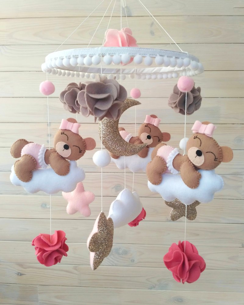 Bears sweet dreams baby crib mobile, nursery felt decor - 玩具/玩偶 - 环保材料 咖啡色
