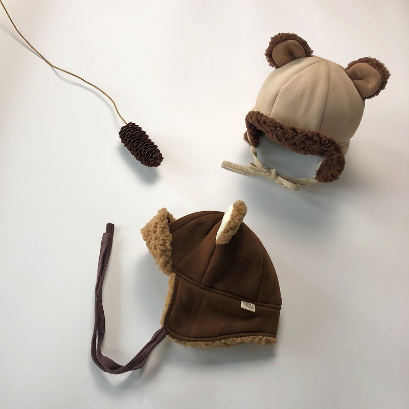 【现货】油灯里住着可爱熊 | 绒毛绑带贝尔飞行帽 - 婴儿帽/发带 - 棉．麻 咖啡色