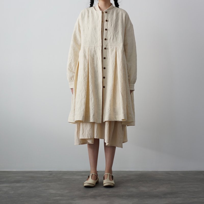 Collarless Jacquard Wool Coat - 女装休闲/机能外套 - 羊毛 白色
