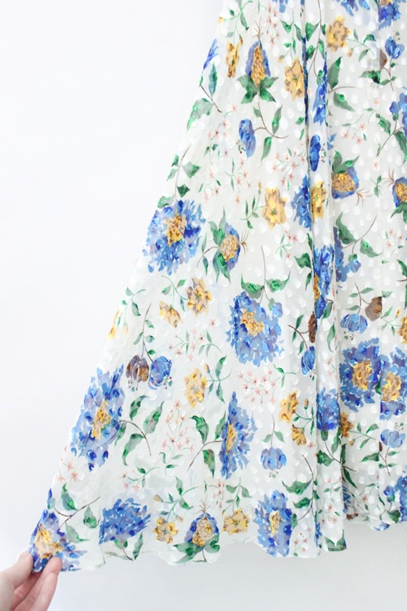 【RE0224D610】春黄绿花朵荷叶领古着洋装 - 洋装/连衣裙 - 其他材质 白色