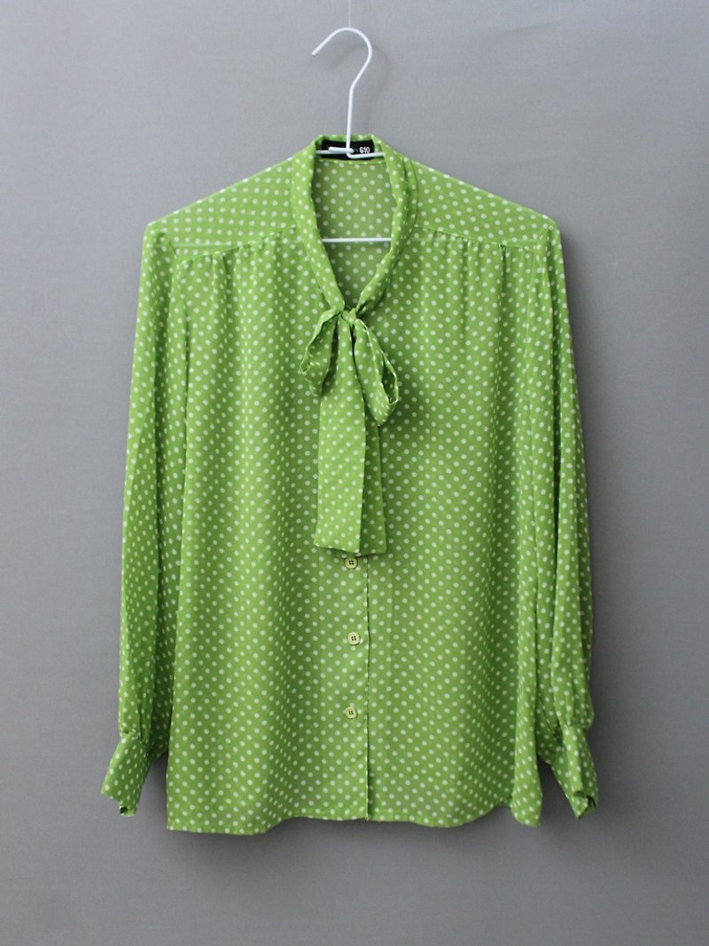 【RE1102T1642】日本制苹果绿点点领结长袖古着衬衫 - 女装衬衫 - 聚酯纤维 绿色