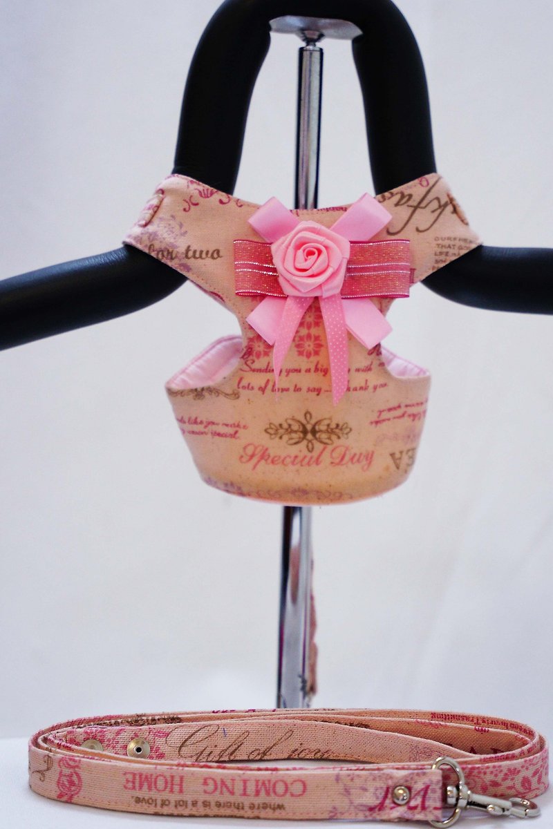 玫瑰缎带胸背(附赠牵绳) - 项圈/牵绳 - 棉．麻 粉红色