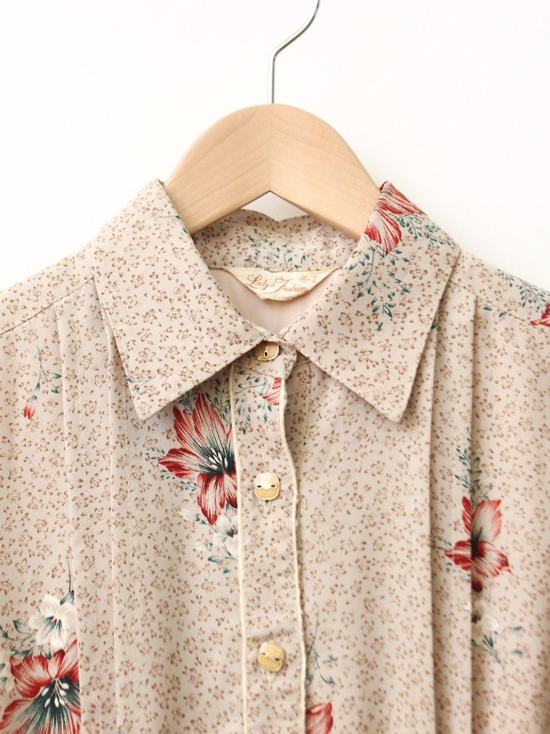 日本制复古花朵卡其色长袖薄古着洋装-特 Japanese Vintage Dress - 洋装/连衣裙 - 聚酯纤维 卡其色