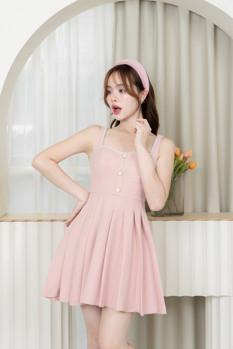 粉红色纽带百褶连身裙 - 洋装/连衣裙 - 聚酯纤维 粉红色