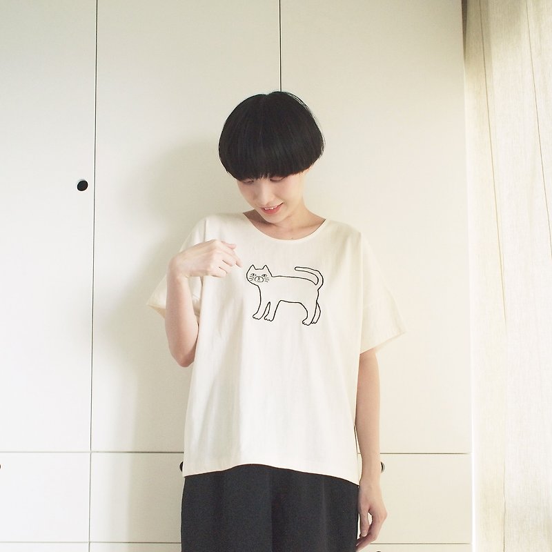 krajok cat t-shirt : natural - 女装 T 恤 - 棉．麻 白色