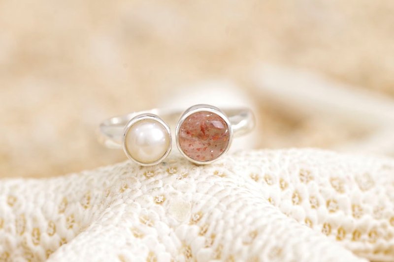 サンストーンと淡水パールのシルバーリング - 戒指 - 石头 红色