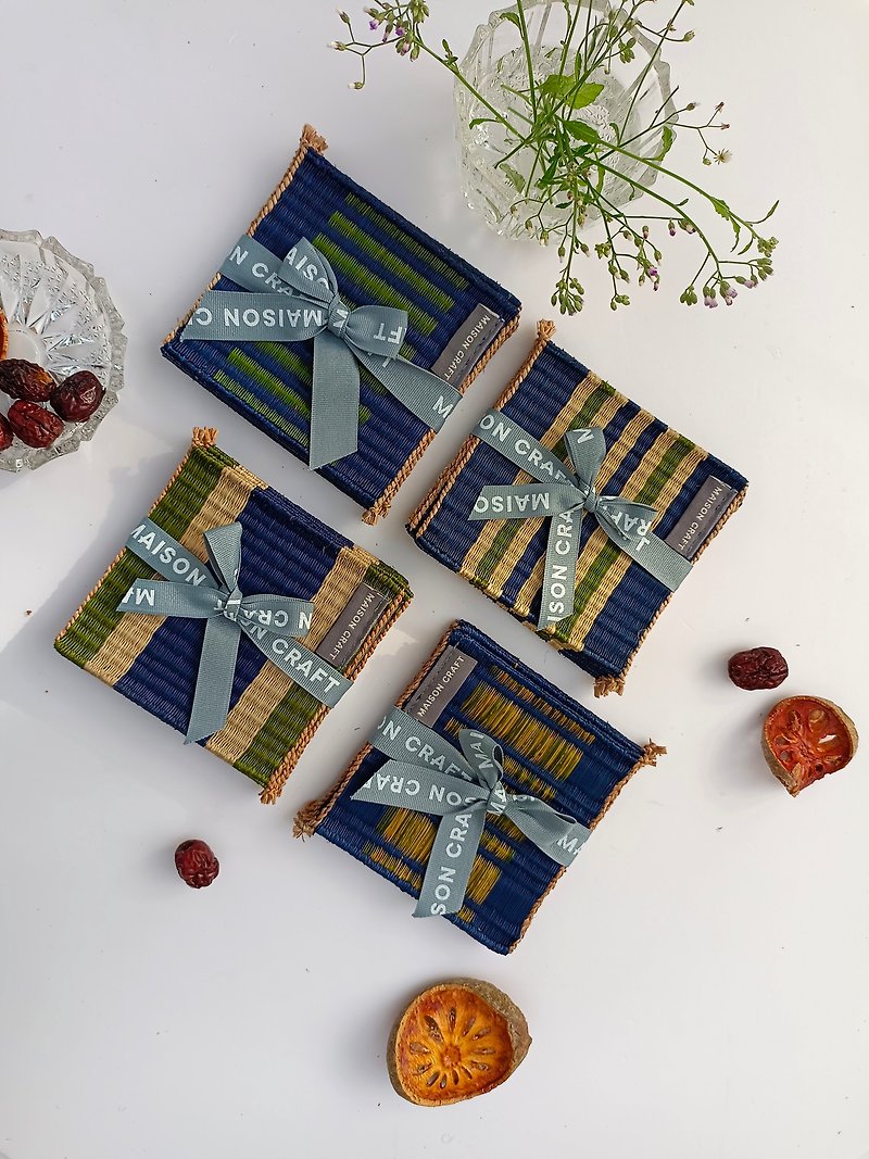 Set 8 Blue Green glass coaster Housewarming Gifts, hot pot natural woven trivet - 餐垫/桌巾 - 环保材料 蓝色