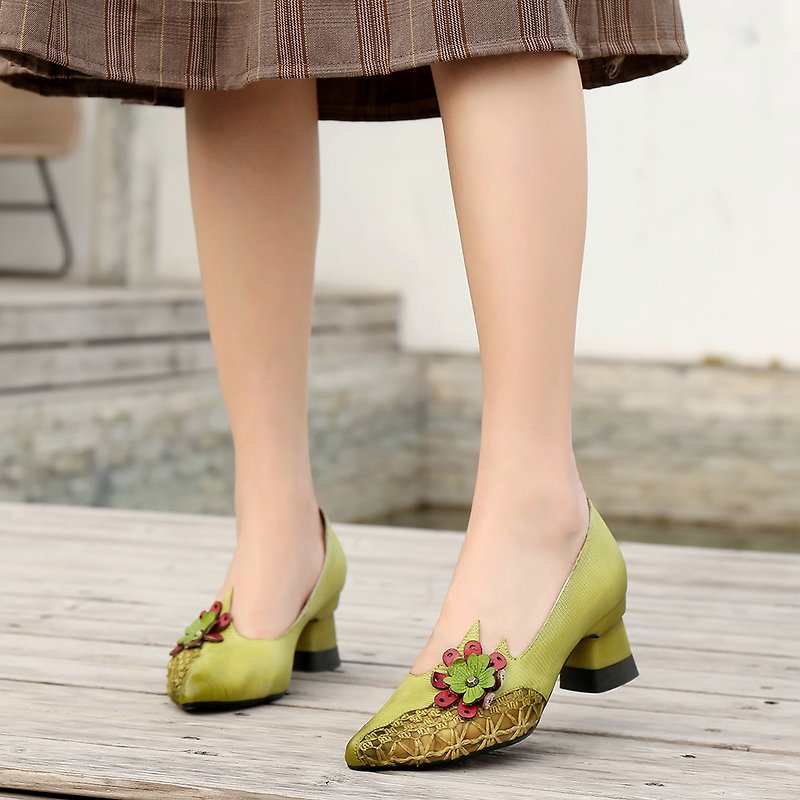 手工花朵复古中跟单鞋镂空女鞋粗跟 - 高跟鞋 - 真皮 绿色