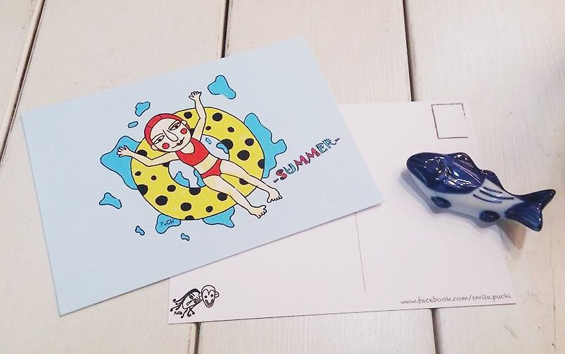 PuChi//明信片/夏日泳圈比基尼 - 卡片/明信片 - 纸 蓝色