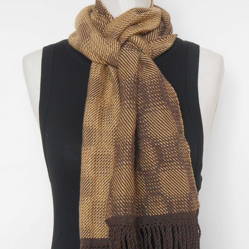 梭织 手工围巾-100%美丽诺羊毛围巾20深咖x秋黄 - 围巾/披肩 - 羊毛 咖啡色