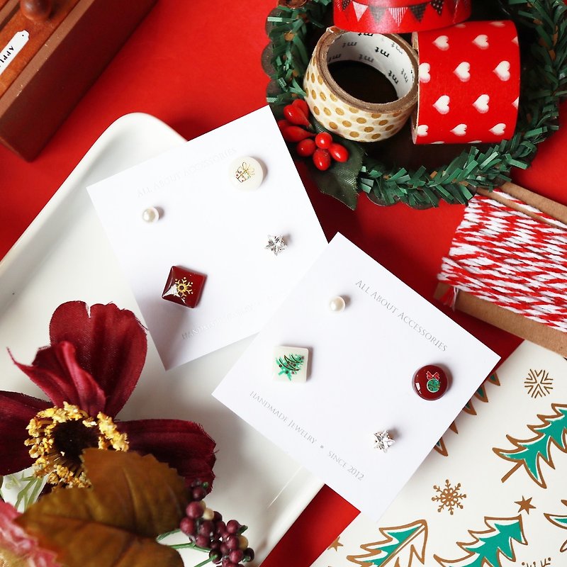 圣诞限定系列- 圣诞小钻石四件组耳环/耳夹 - 耳环/耳夹 - 其他材质 红色