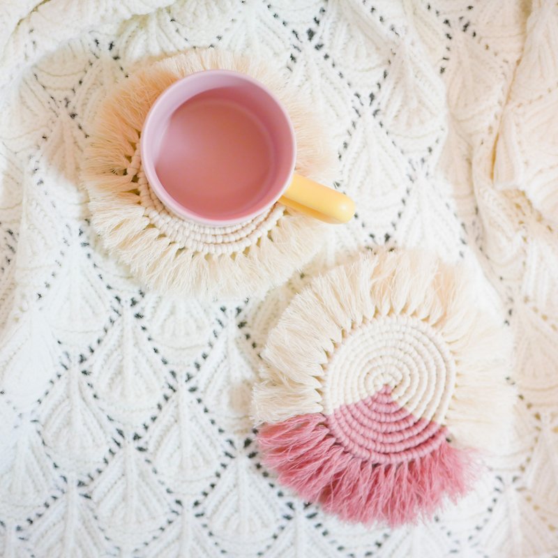 Macrame 法式编织杯垫 - 摆饰 - 羊毛 粉红色