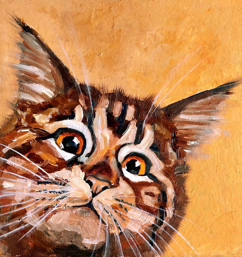 Tabby Kitten Original Painting, Funny Pet Portrait, Cat Wall Art, Cute Animal - 海报/装饰画/版画 - 其他材质 橘色