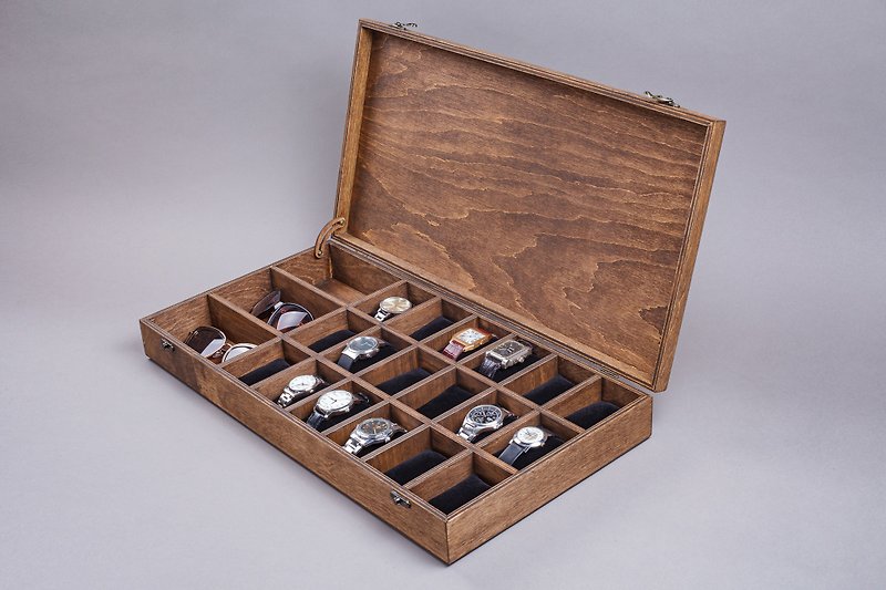 男士女士木制手表盒 21 槽手表展示盒太阳眼镜架 - 男表/中性表 - 木头 咖啡色