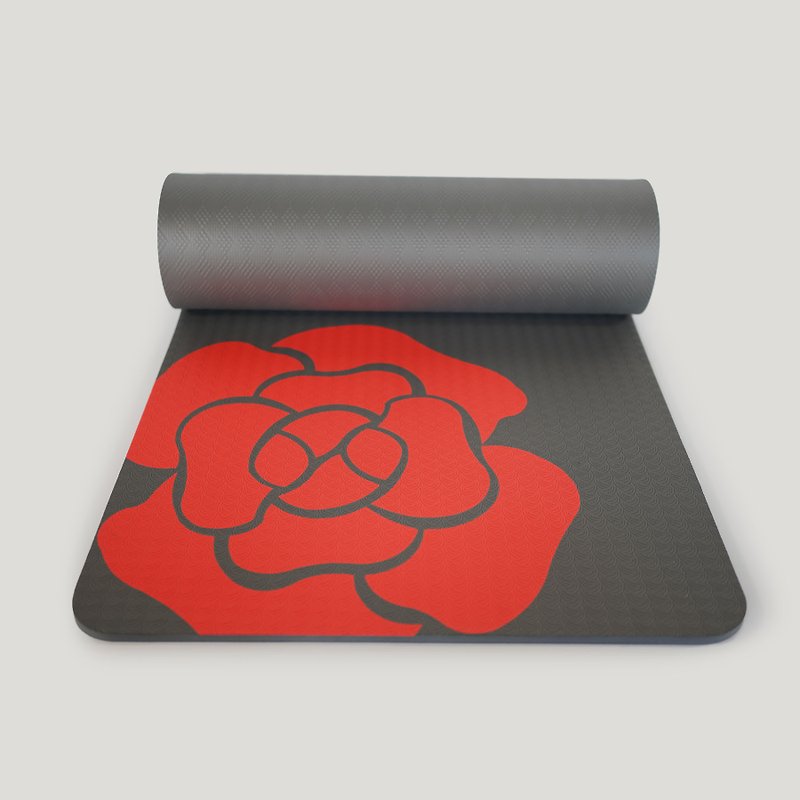 QMAT 10mm瑜珈垫-灰底红山茶花 台湾制 一体成型非印刷 - 瑜珈垫 - 环保材料 多色