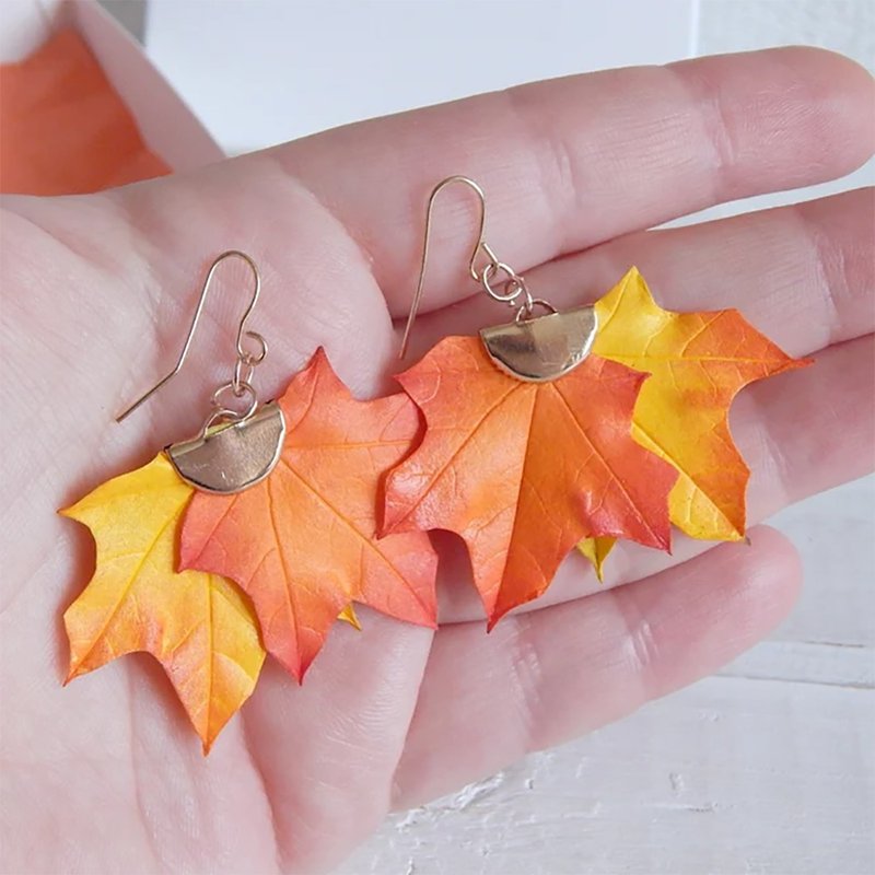 Flower earrings Autumn maple leaf earrings Orange yellow floral jewelry Fall - 耳环/耳夹 - 其他材质 黄色