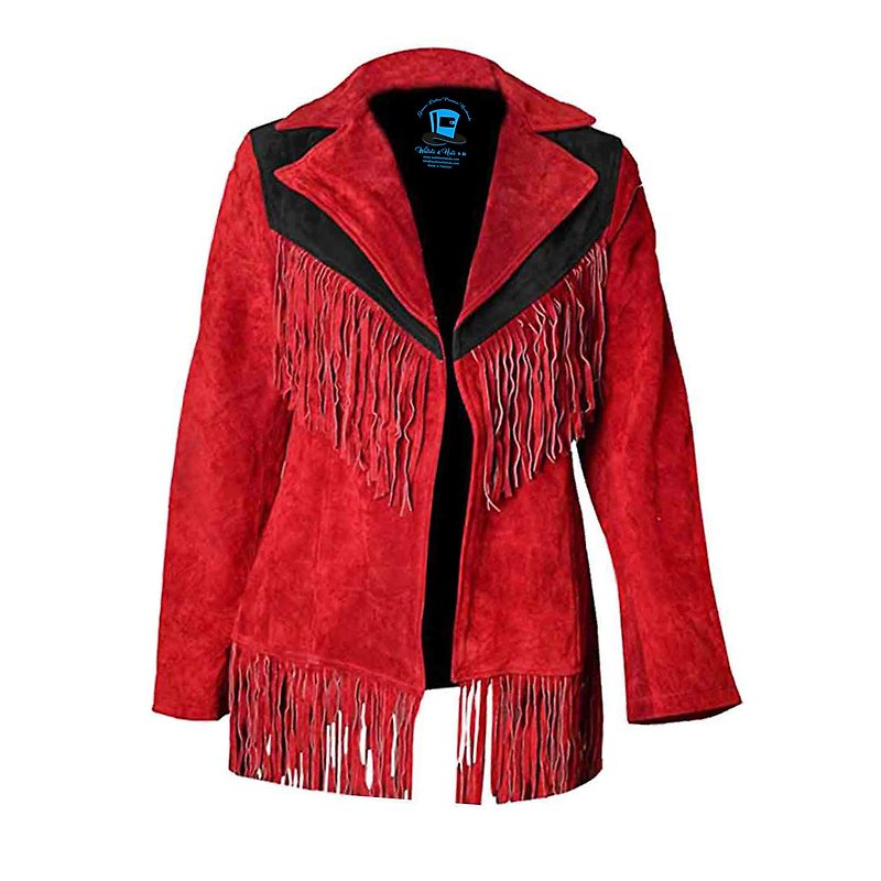 Women Vintage Red Suede Leather Fringe Jacket - 女装西装外套/风衣 - 真皮 红色