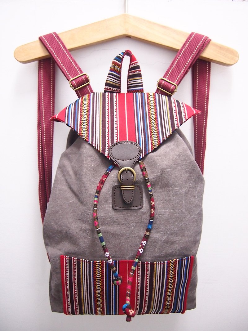 【Missbao手创坊】台湾原住民旅行后背包 - 后背包/双肩包 - 棉．麻 红色