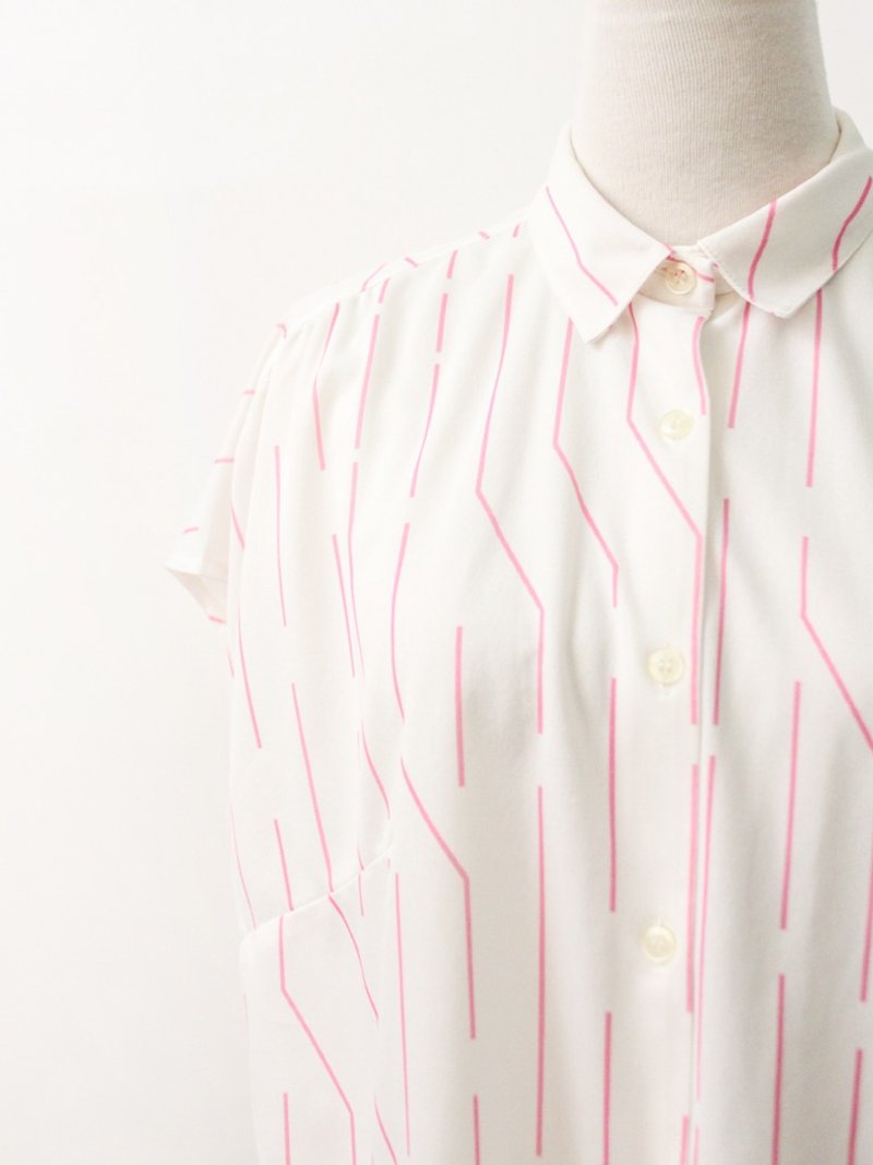 复古粉色几何条纹白色短袖90s欧洲古着衬衫 European Vintage Blouse - 女装衬衫 - 聚酯纤维 白色