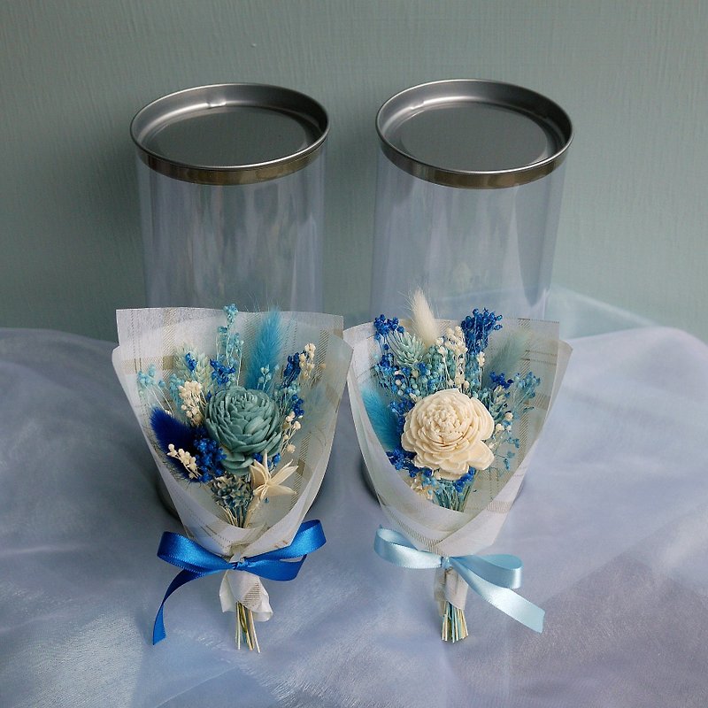 甜美时光-蓝太阳玫瑰 蓝白干燥花罐礼盒 迷你手绑小花束 - 干燥花/捧花 - 植物．花 蓝色