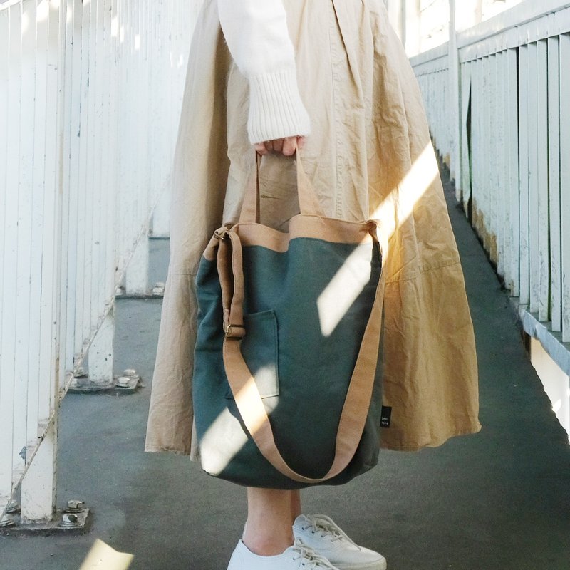 2way canvas bag / choco x green - 侧背包/斜挎包 - 棉．麻 绿色