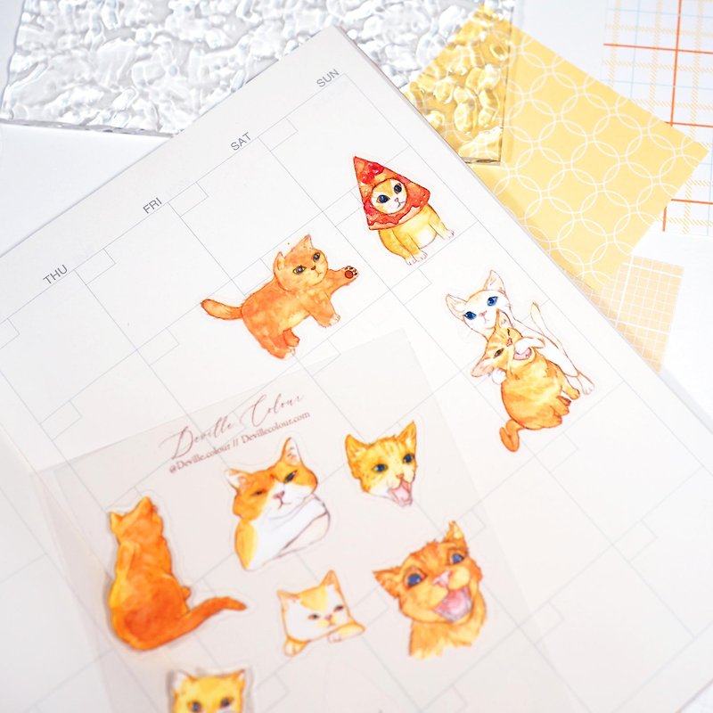 【啊啊啊猫】水彩插画 白墨PET贴纸 手帐 可爱 猫猫 - 贴纸 - 纸 黄色