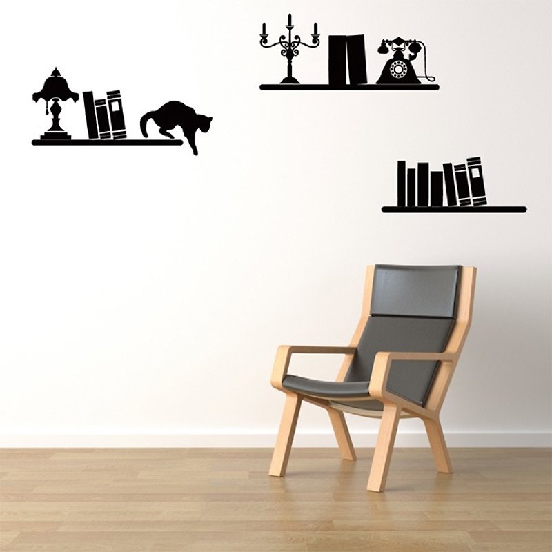 Smart Design 创意无痕壁贴 书架与猫(8色) - 墙贴/壁贴 - 防水材质 黑色