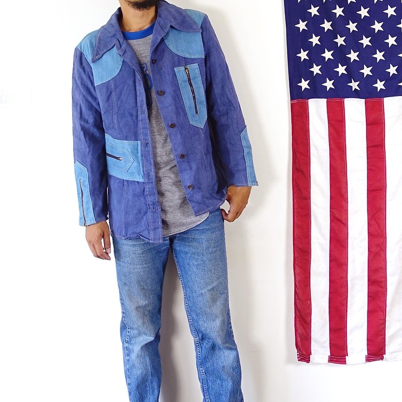BajuTua /古着/ 美国制 70's 大翻领拼布牛仔外套 - 男装西装外套 - 棉．麻 蓝色