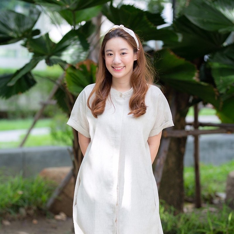 Mandarin Collar With Short Folded Sleeves Dress : Natural - 洋装/连衣裙 - 棉．麻 卡其色