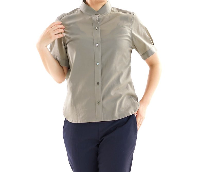 Boyle chiffon stand collar shirt tunic / Amber gray t032f-gry1 - 女装衬衫 - 棉．麻 卡其色