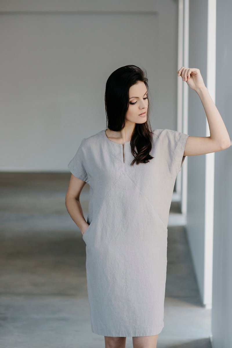 Midi Linen Dress Motumo With Short Sleeve 15S16 - 洋装/连衣裙 - 亚麻 多色