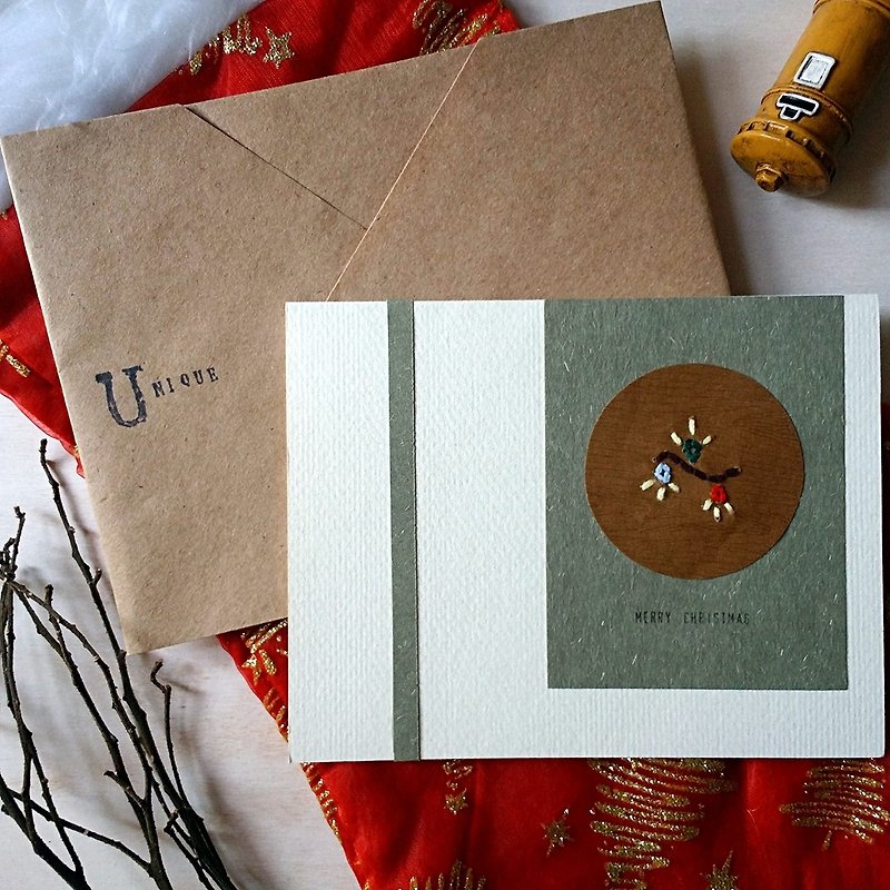 手缝图像圣诞卡(圣诞灯饰)(原稿) - 卡片/明信片 - 纸 多色