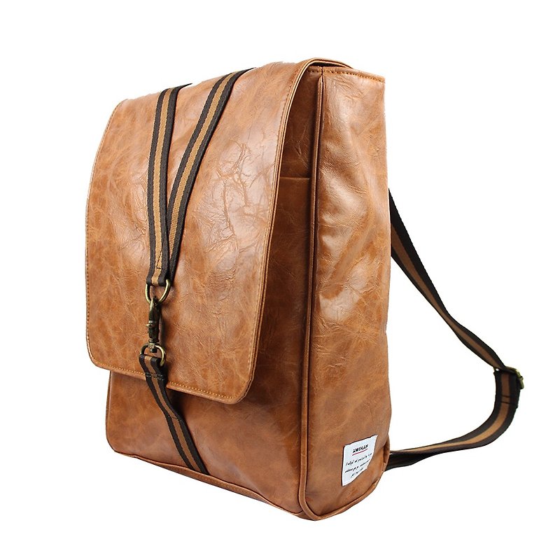 AMINAH-棕色钩扣两用后背包【am-0297】 - 后背包/双肩包 - 人造皮革 咖啡色