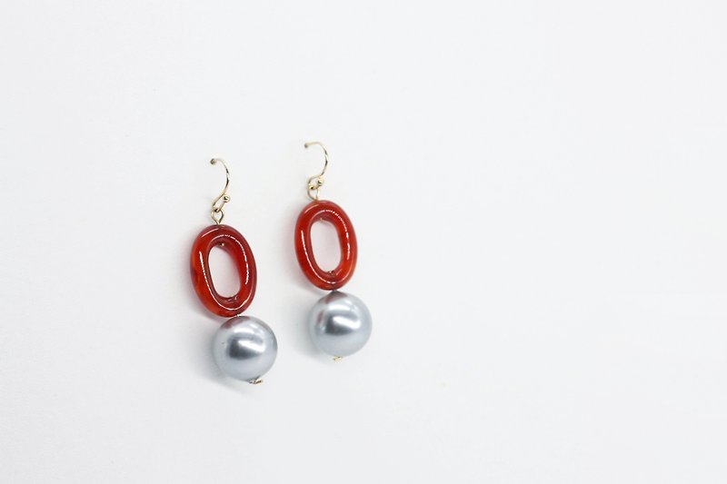 简约红玛瑙珍珠耳环 - 14k包金耳针 - 耳环/耳夹 - 宝石 红色
