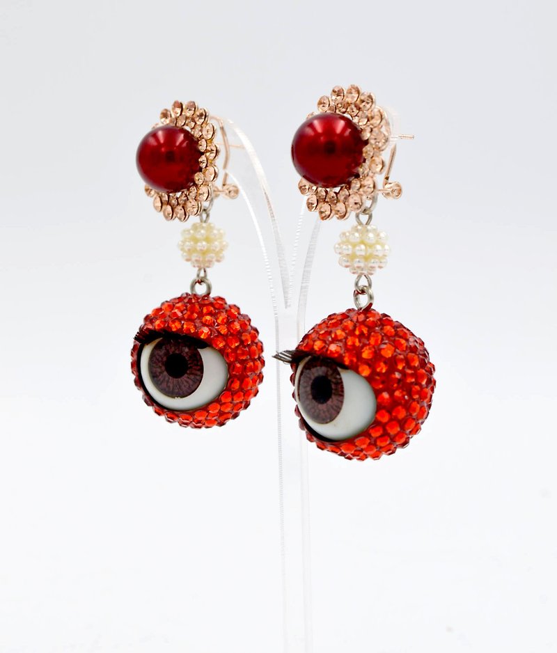 火红色 施华洛水晶球 眼珠耳环一对 20mm 眨眼 睡眼 眼球 swarovski crystal - 耳环/耳夹 - 其他金属 红色